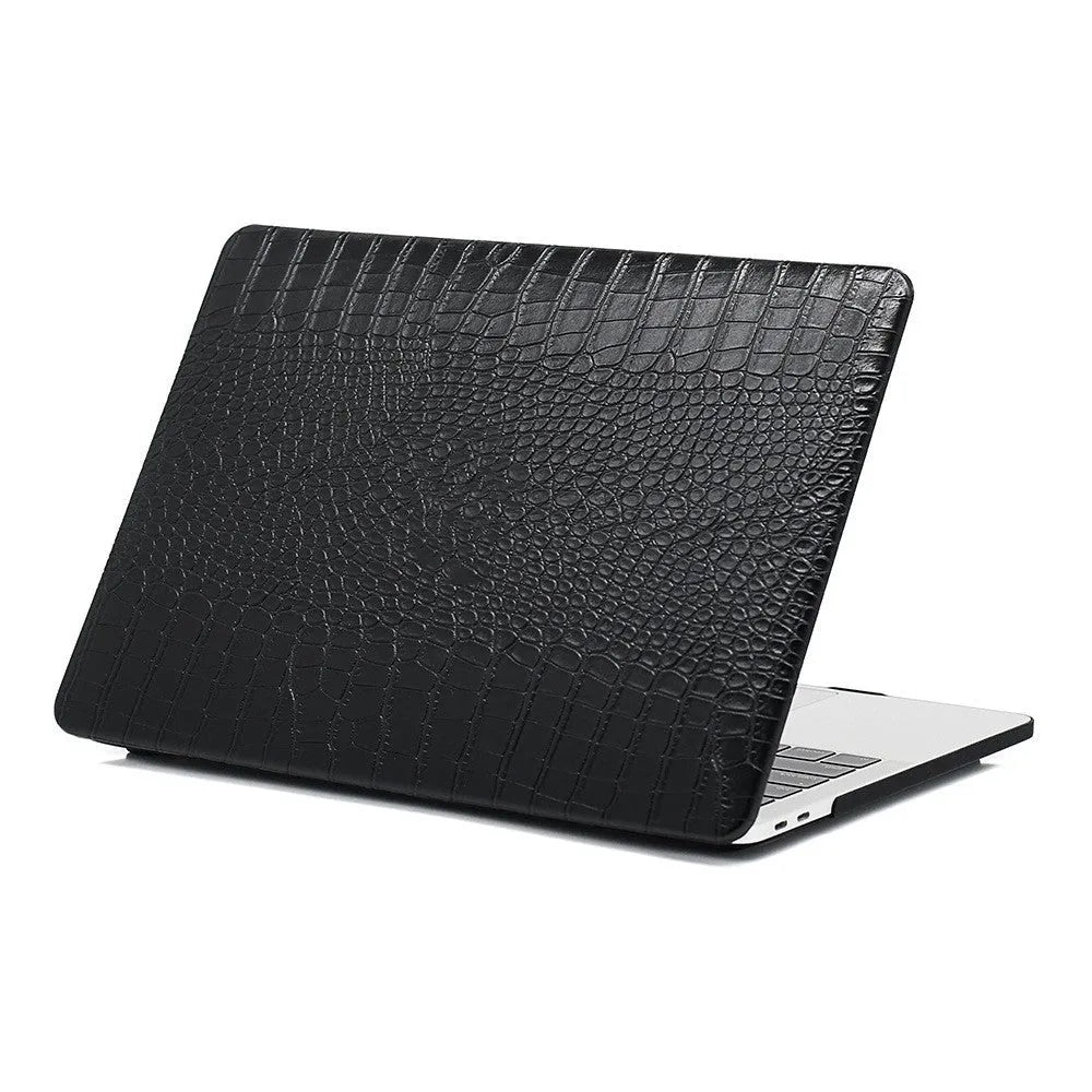 MacBook protective case with crocodile pattern texture and hollowed-out Apple logo design in black colour