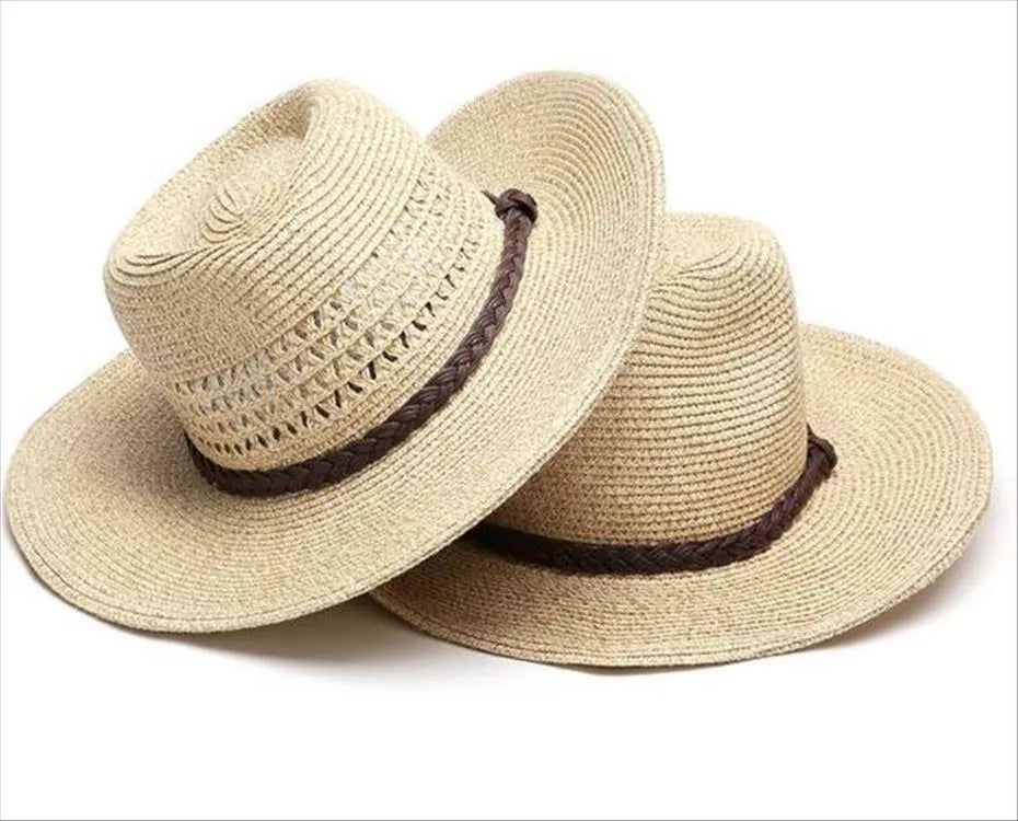 Men's foldable wide-brim straw sun hat in beige, shown on a neutral background.