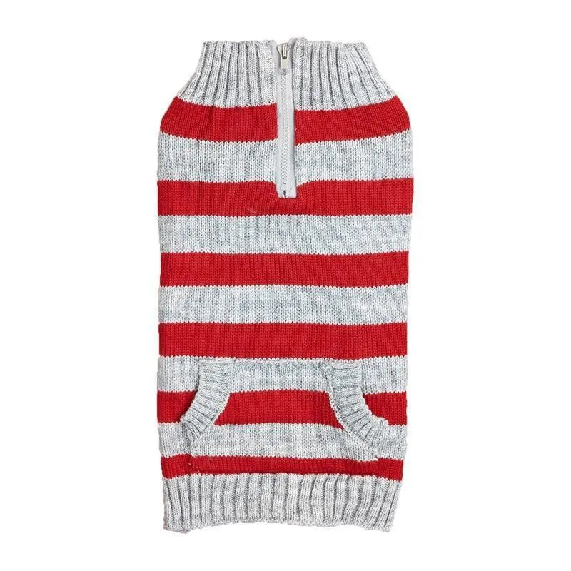 Grey acrylic dog sweater with a horizontal front zipper and button pocket on a small dog.
