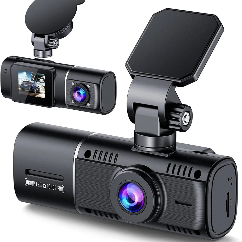 Black car dashcam on stand with 1.5-inch screen for front and rear recording.