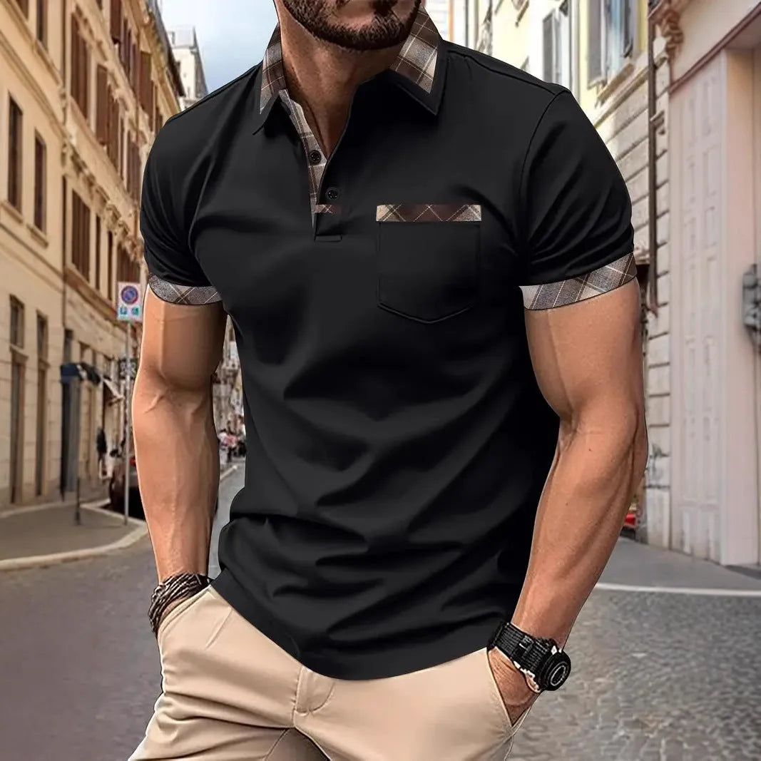 Men's loose fit short sleeve t-shirt in a plaid colourblock pattern with a zip detail.