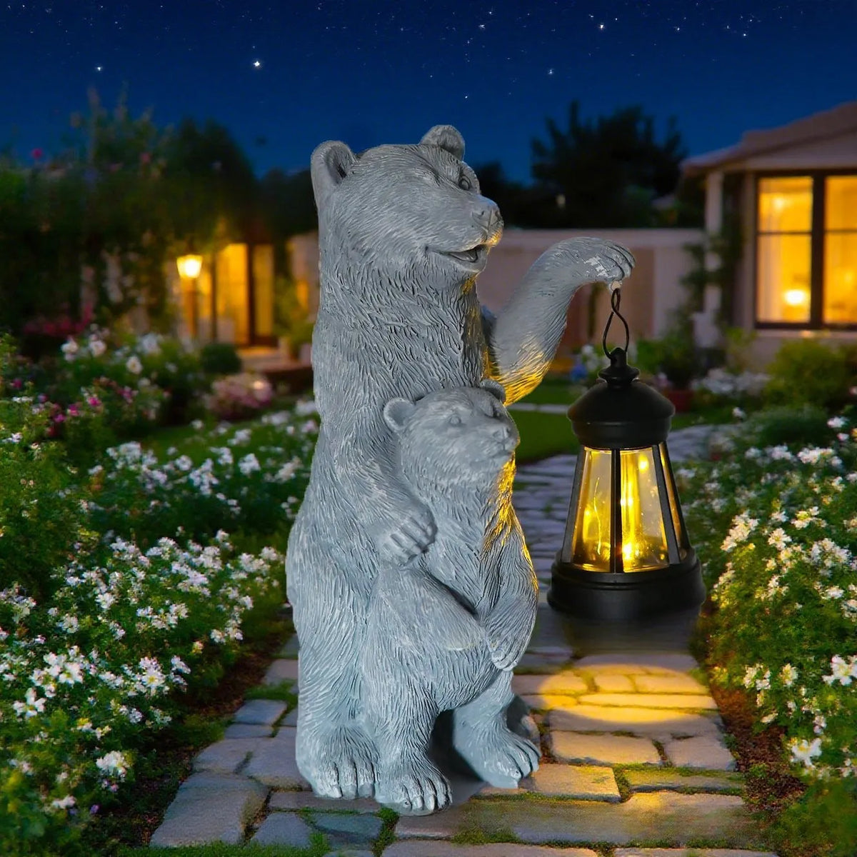 Resin American Black Bear mother and child lantern ornament for tabletop or garden decor