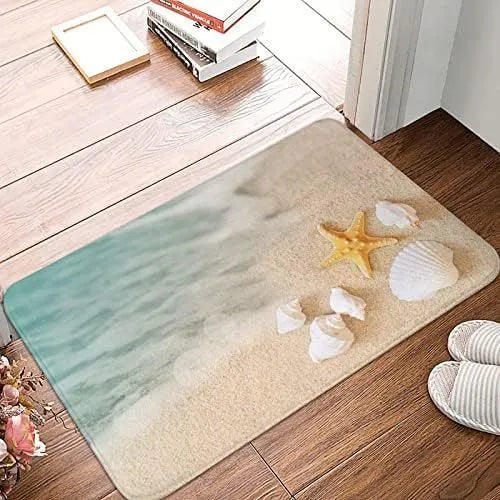 Square polyester flannel floor mat showing coastal starfish and fruit print design options