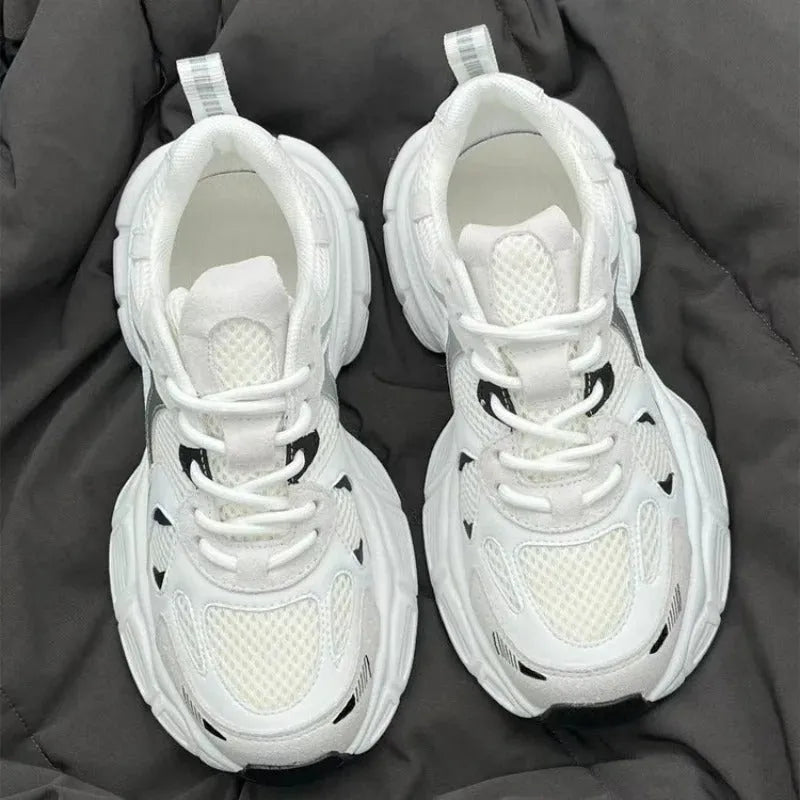Polar Wave beige mesh platform sports shoes with wedge heel and lace-up front