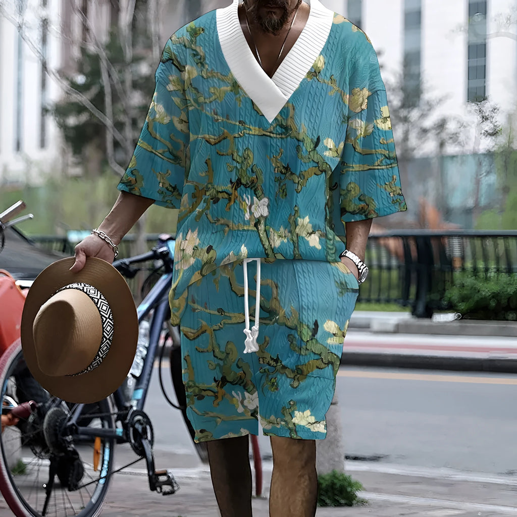 Men's peacock blue casual shorts suit with 3D printed knitted pattern on the trousers.