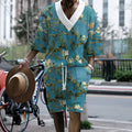 Men's peacock blue casual shorts suit with 3D printed knitted pattern on the trousers.