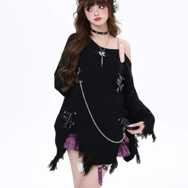 Off-the-shoulder ripped tassel sweater for women in loose fit polyester autumn winter purple black pink