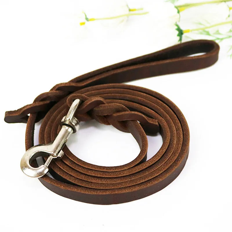 Genuine cowhide leather dog walking rope for large breed dogs, shown in light brown colour.