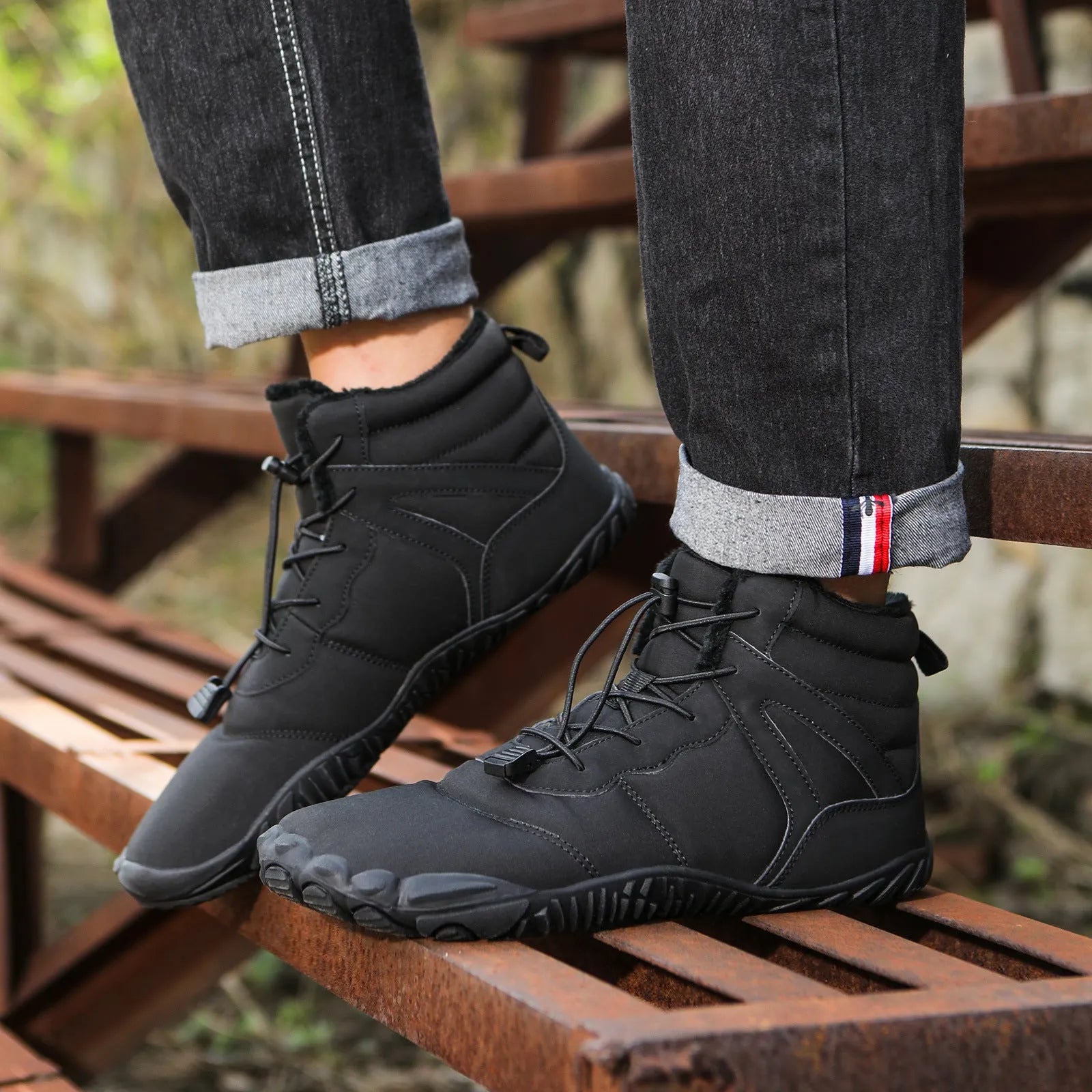 Five-finger waterproof fleece-lined hiking boots in multiple colours with non-slip rubber outsole
