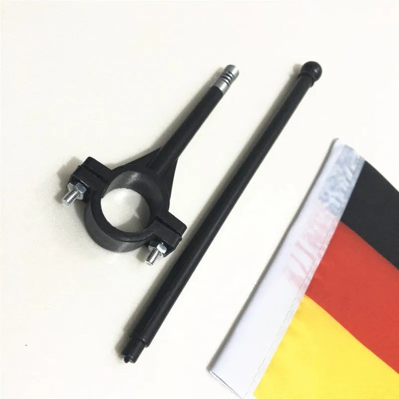 A square polyester car flag on a plastic pole designed for handlebar mounting.