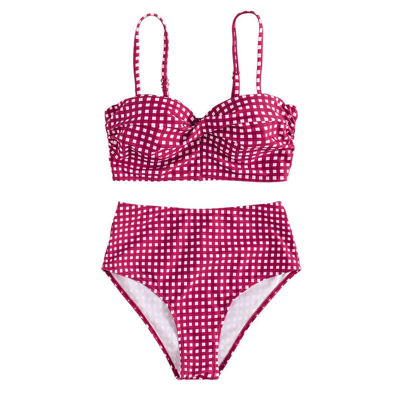 Women's plaid bikini set with high-waist briefs in rose red, black, blue, or sky blue