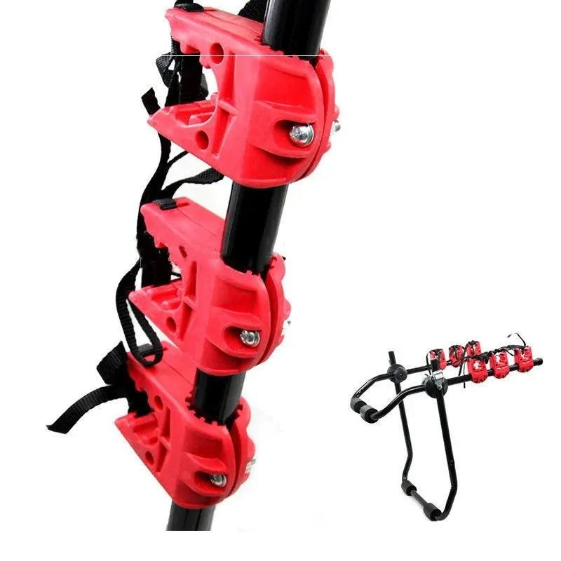 Black and red boot mounted bike holder rack with iron frame and sponge padding.