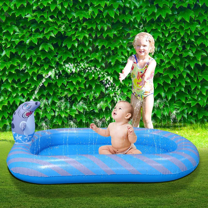 Blue dinosaur-shaped inflatable water spray pool with shark design features for kids outdoor play