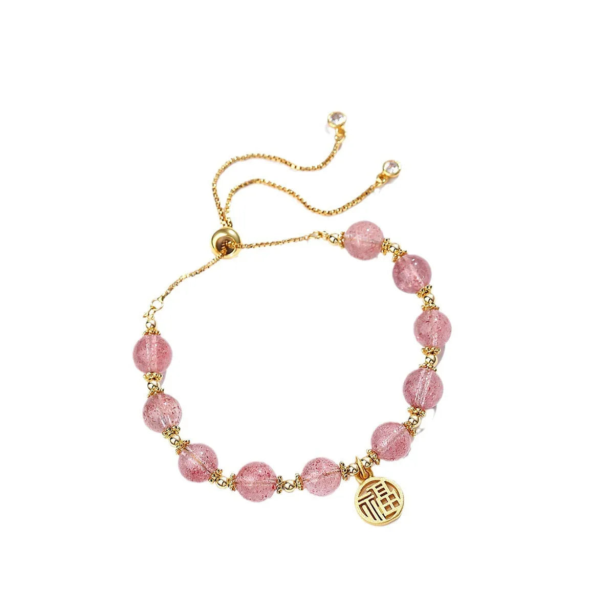 A geometric crystal bracelet in strawberry quartz colour with a fu character detail.