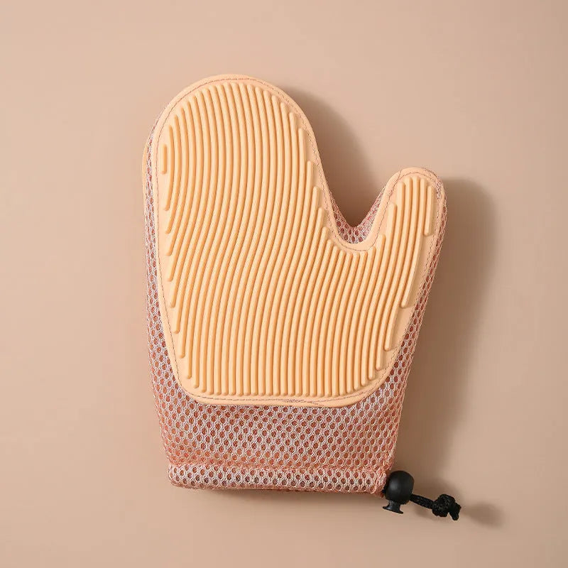 Two-in-one floating hair removal pet grooming glove in blue mesh and TPR material