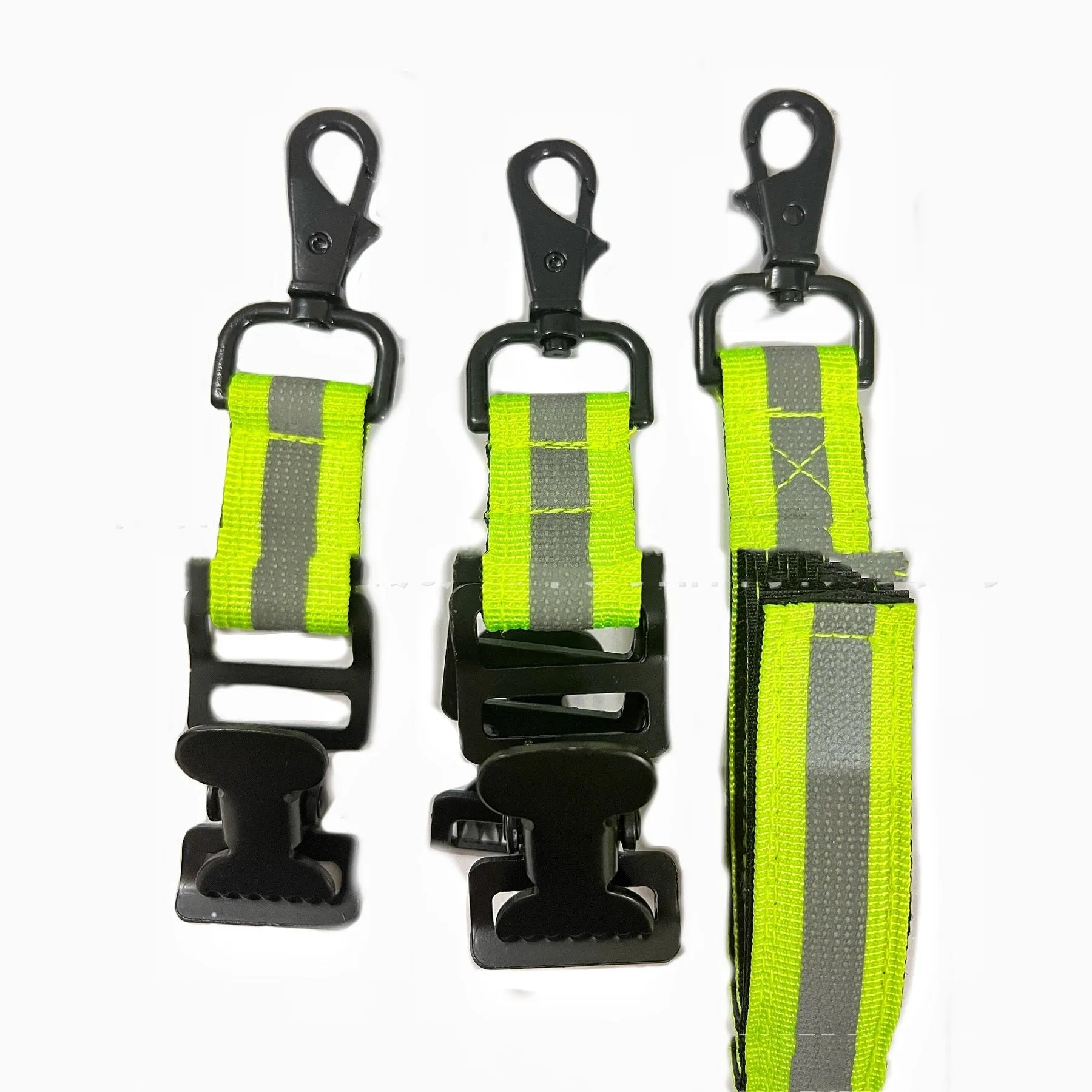 Fluorescent green universal safety clamp with metal buckle for fireman gloves.