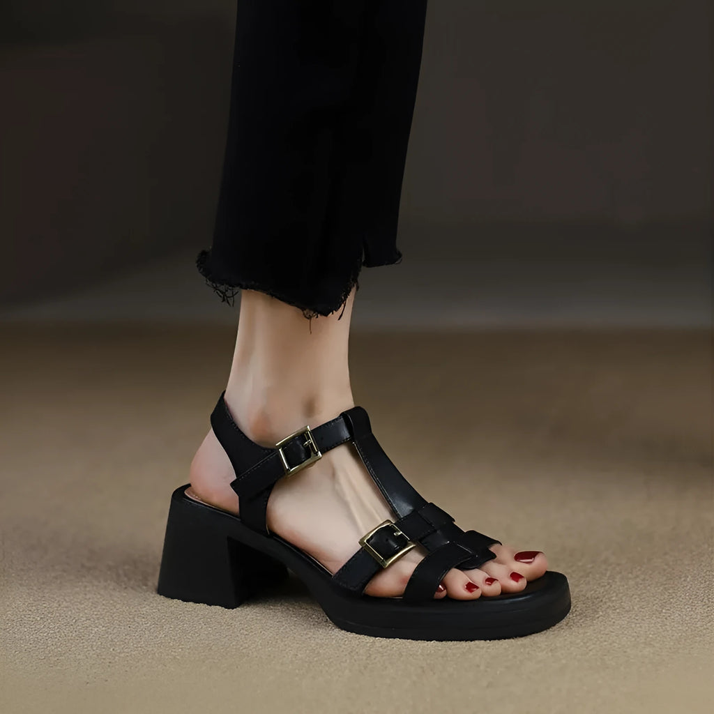 Women's black retro platform sandals with T-buckle fastening and square open toe design