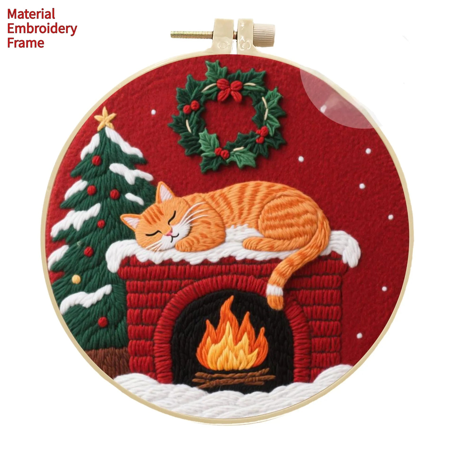 Cat-themed DIY embroidery kit showing Autumn Fruit pattern on cotton linen fabric with optional bamboo frame and scissors.