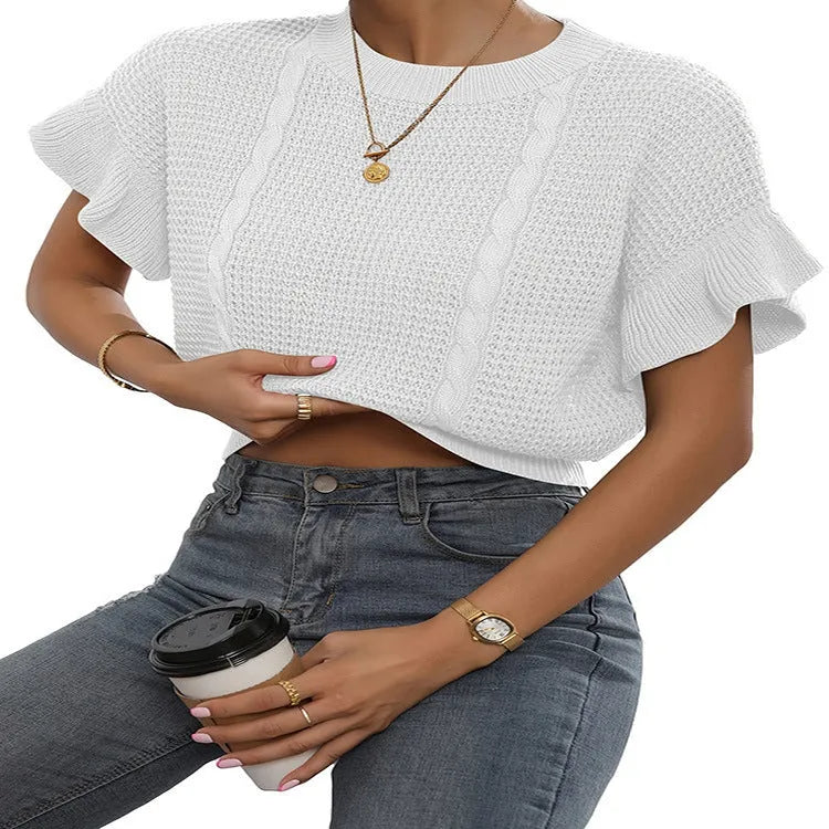 Twisted string pattern knitted sweater with ruffled short sleeves in loose Japanese Korean casual style