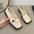 Women's artificial leather flat-heeled shoes with square toe and metal buckle in beige, black, and brown colours