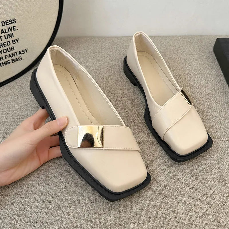Women's artificial leather flat-heeled shoes with square toe and metal buckle in beige, black, and brown colours