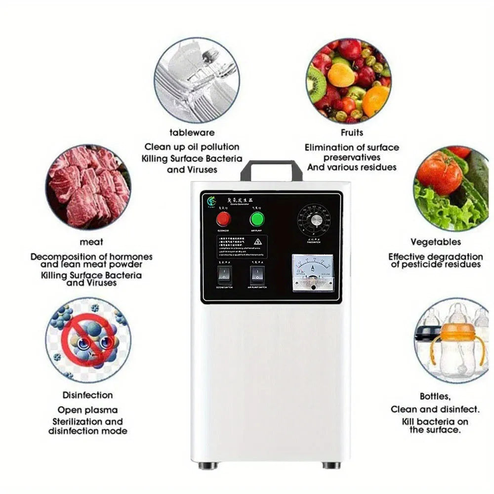 Commercial ozone generator for washing fruits and vegetables in stainless steel or white finish.