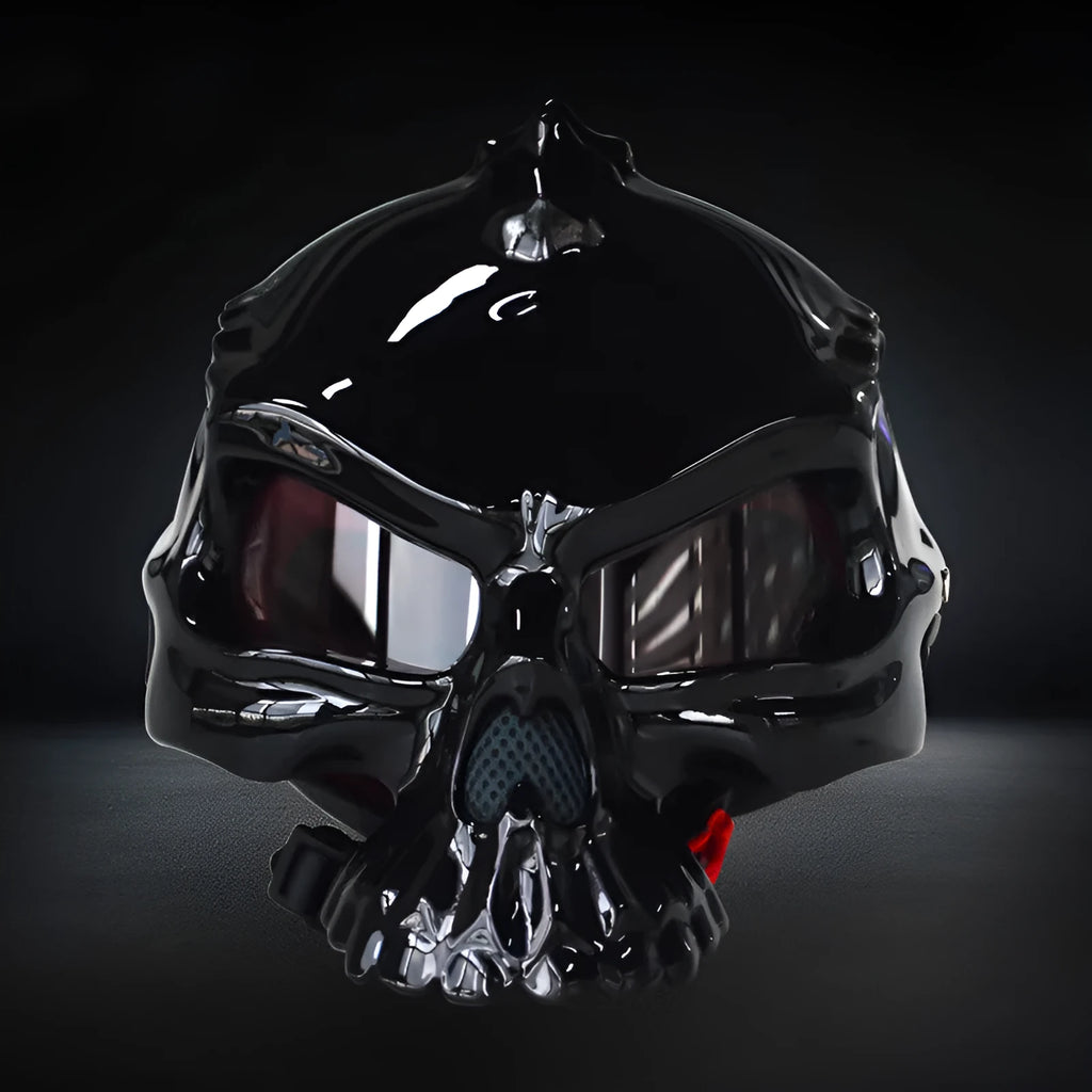 Motorcycle helmet with removable double-sided skull artwork panels in various colour options
