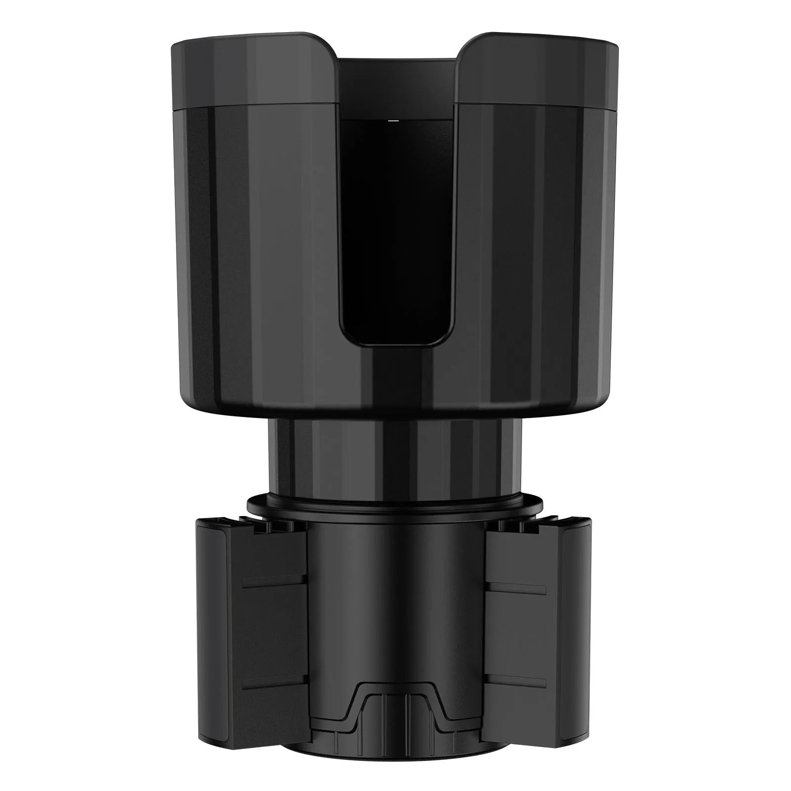 Matte black adjustable car cup holder expander for large bottles and thermoses.