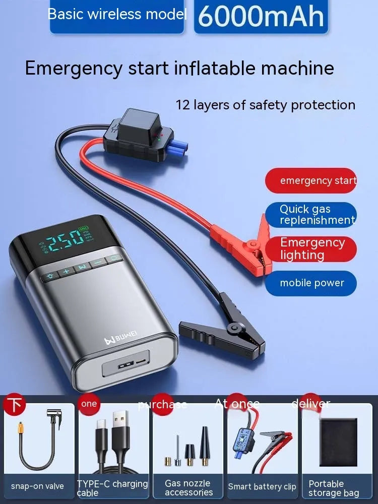 Aluminium alloy car jump starter power bank with EVA case, battery clips, and air nozzle
