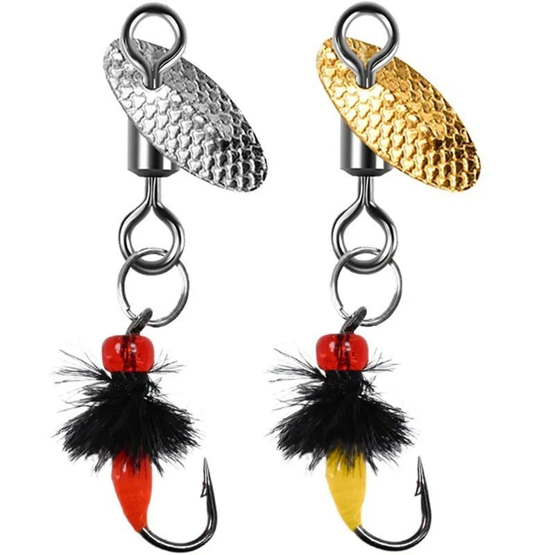 Five bionic poisonous mosquito fishing hooks with spinning sequins in multicolour designs