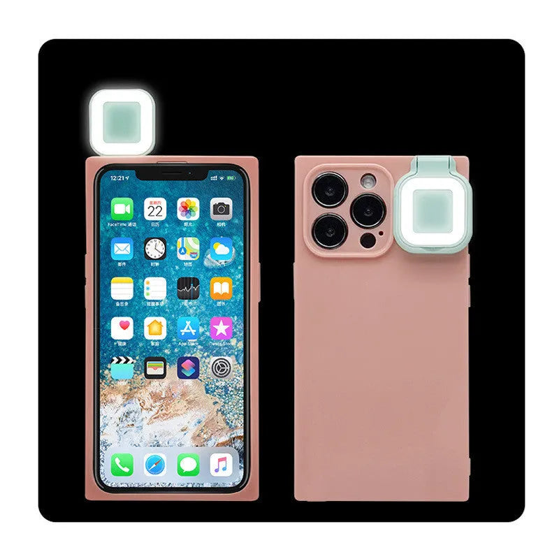 Ring flashing mobile phone case for iPhone 13 with solid colour back cover and integrated selfie light.