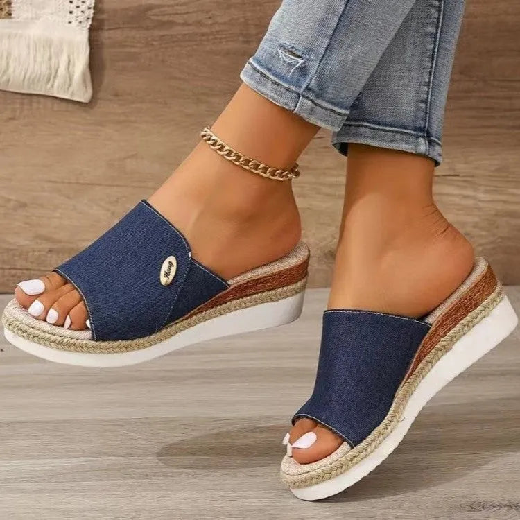 Beige canvas wedge sandals with fish mouth toe and thick hemp sole