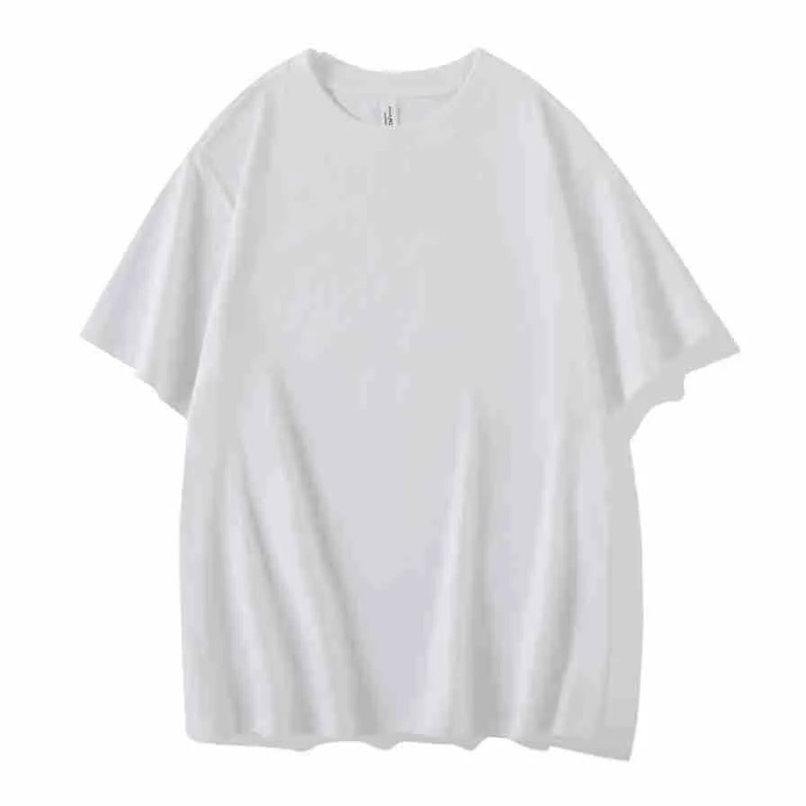 Heavy 230g cotton blend drop shoulder t-shirt in a solid colour, showing loose fit and short sleeves.