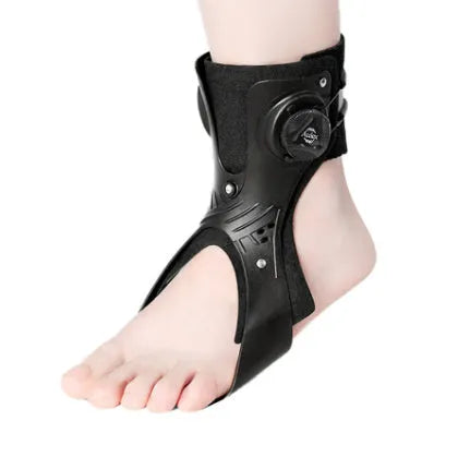 Adjustable airbag button ankle support brace shown in grey, with left and right foot sizing indicators.