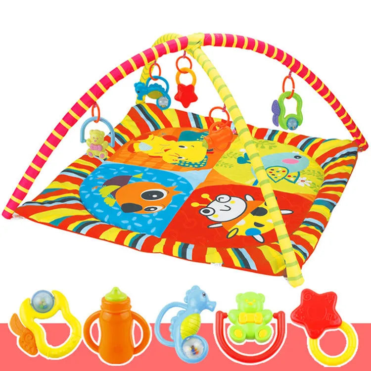 Soft velvet baby play mat with colourful animal designs, laid flat as a crawling carpet.