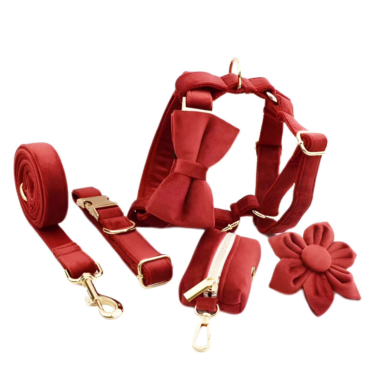 Soft cloth dog collar and accessory set with leash, vest, bow, and flower for small to large dogs