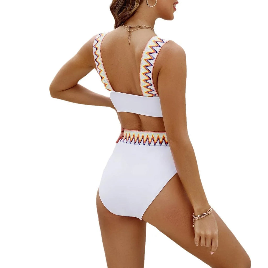 Women's black lace-up swimsuit bikini with high-waisted briefs showing adjustable front detail