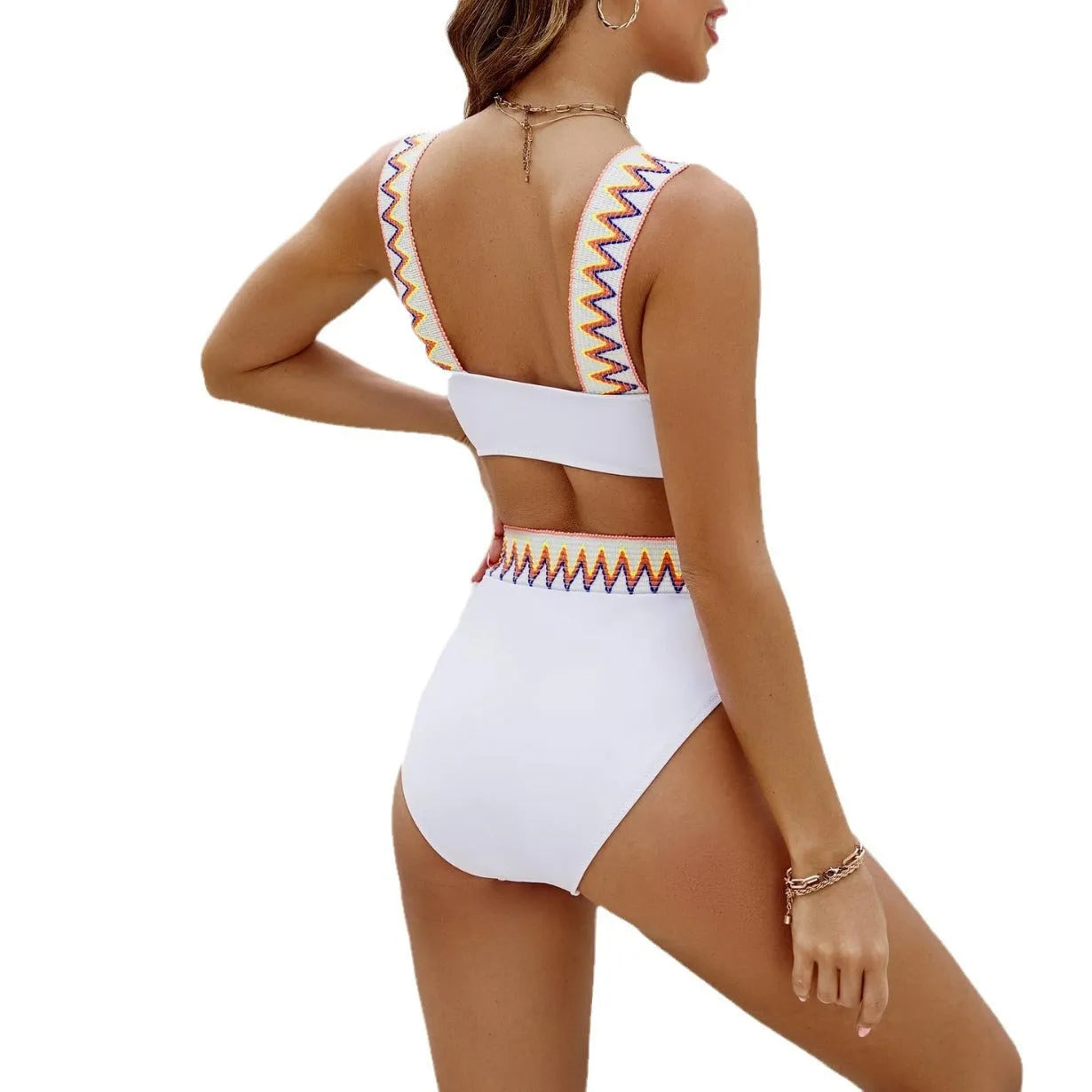 Women's black lace-up swimsuit bikini with high-waisted briefs showing adjustable front detail
