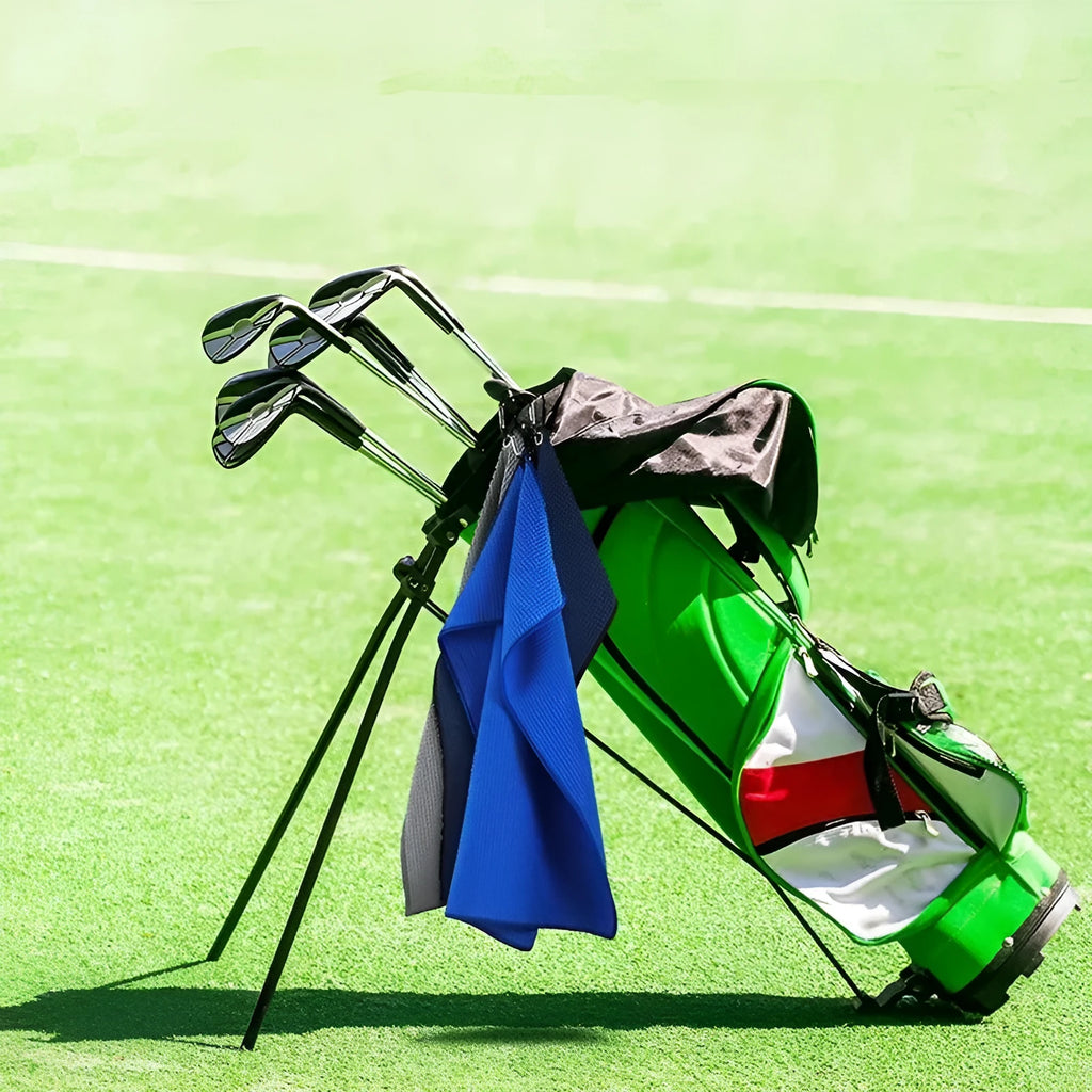 Waffle weave golf ball cleaning cloth towel in multiple colours showing embroidery detail