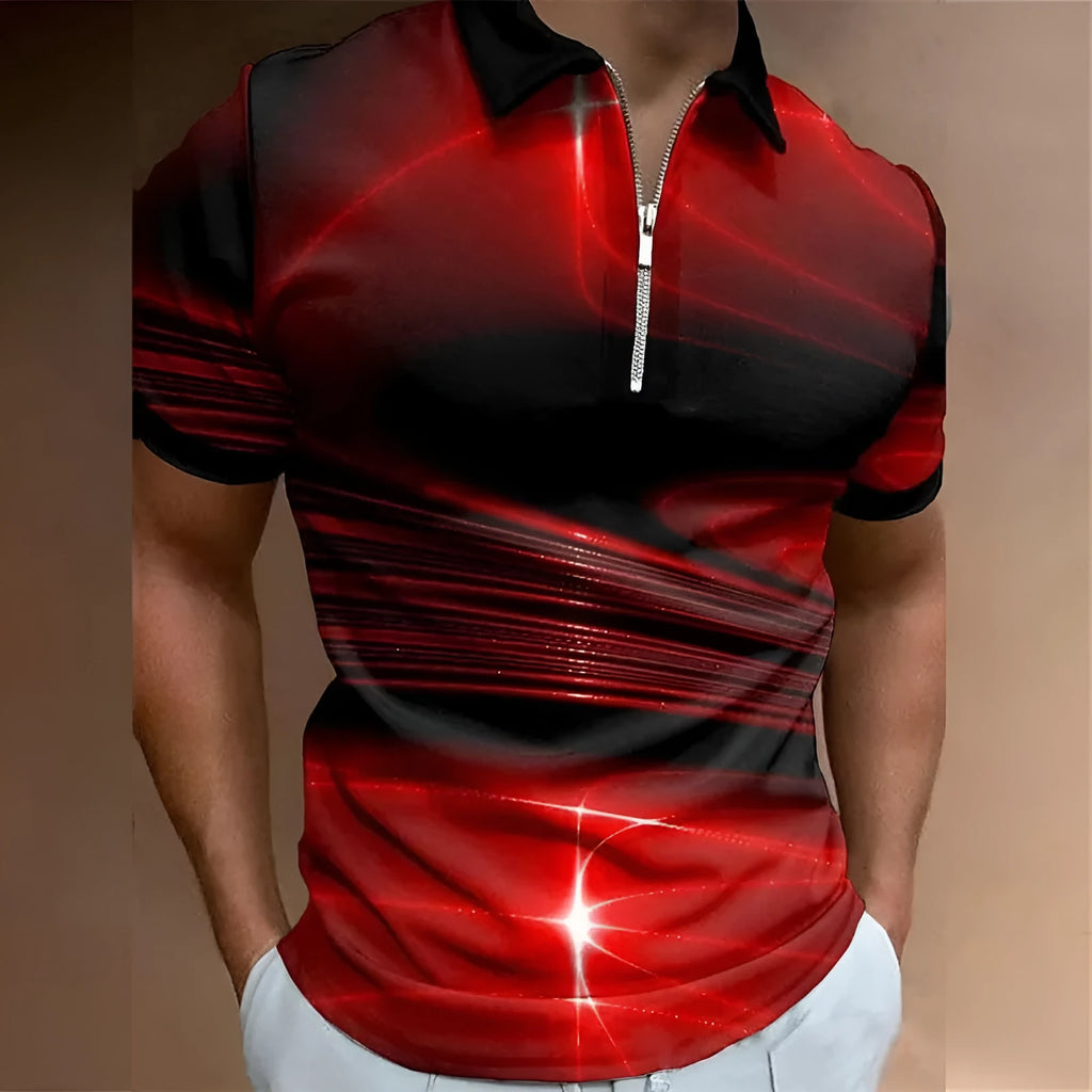 Man wearing a blue short sleeve polo shirt with a lapel collar and front zipper.