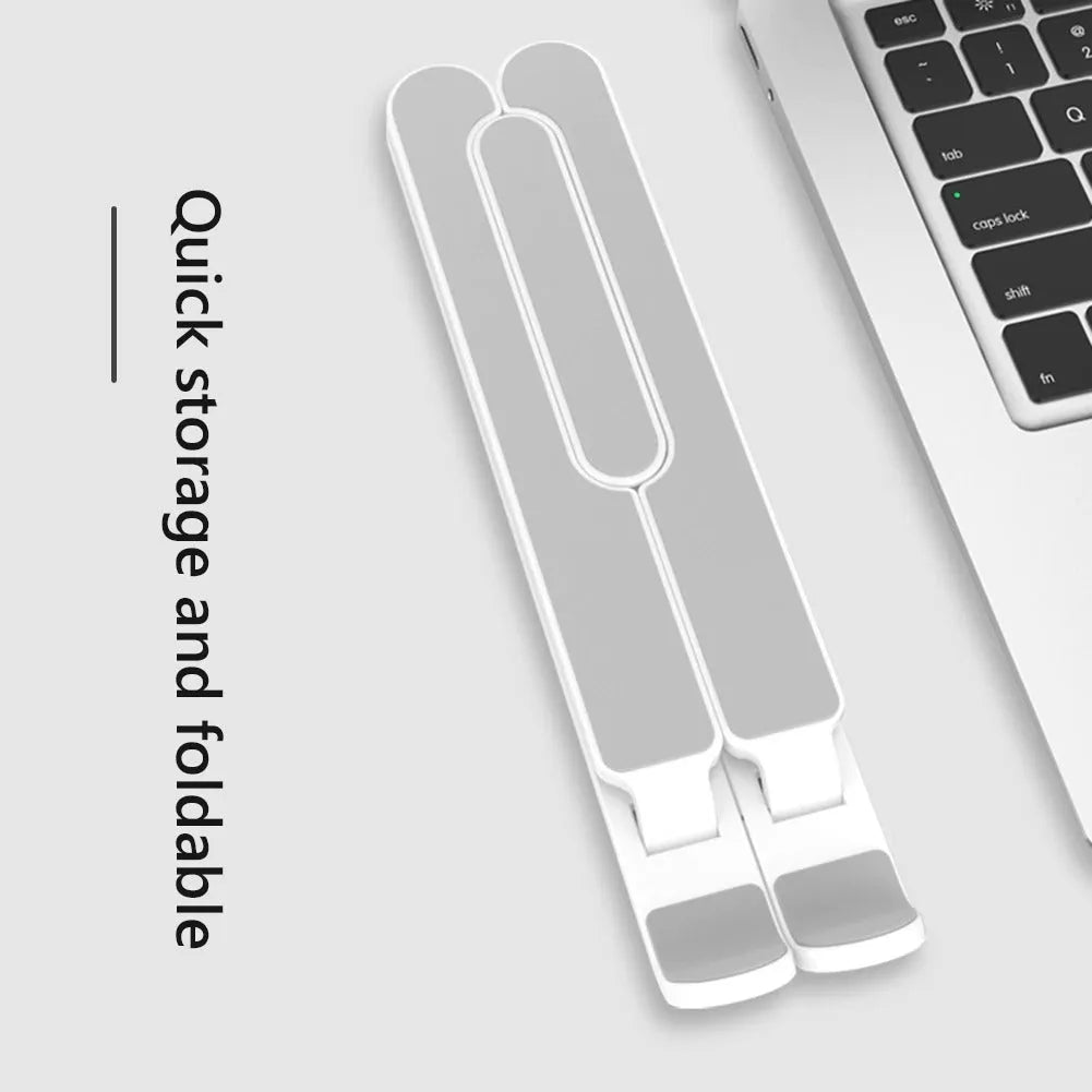 Black ABS adjustable laptop stand with 6 height gears folded flat on a white background