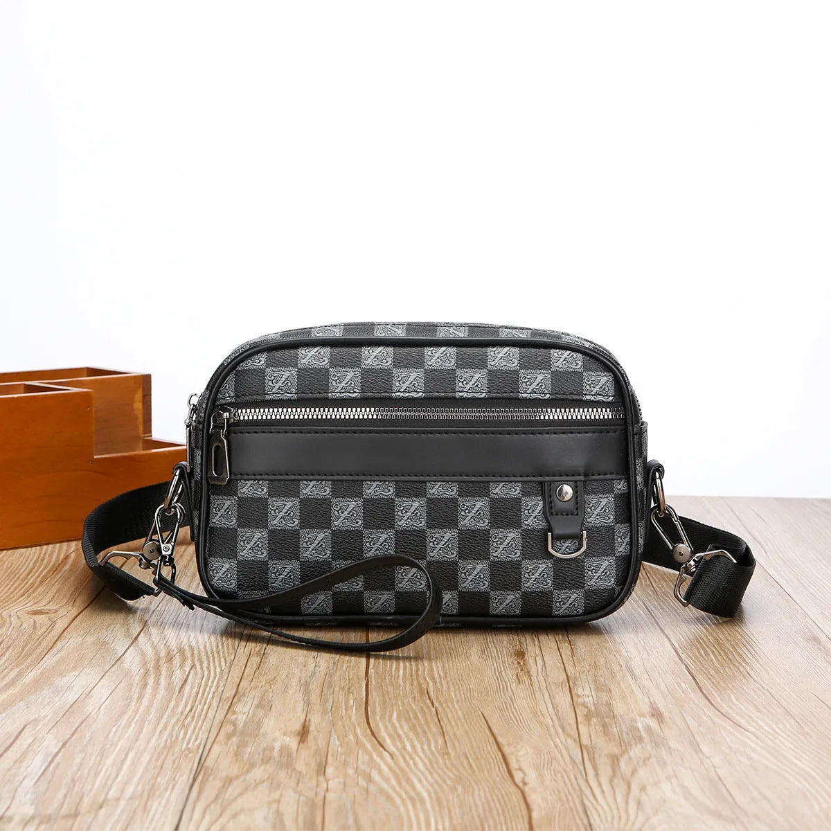 Men's black geometric pattern PU messenger bag with shoulder strap and handheld option