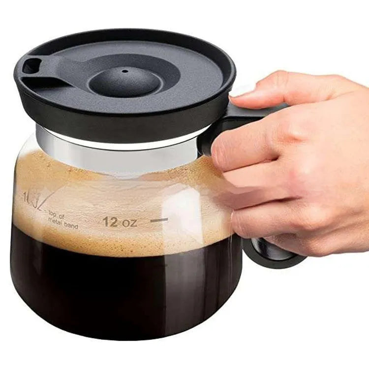 Transparent glass coffee maker with silicone cover showing pour-over design for 355ml to 473ml capacity