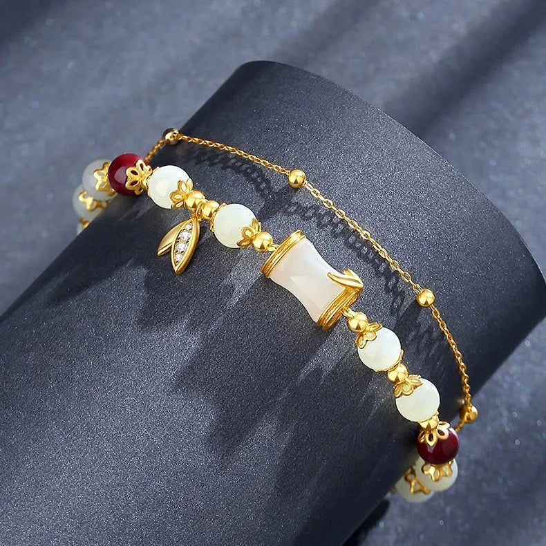 Retro bamboo bracelet with Ruyi pattern and flower design in electroplated glass