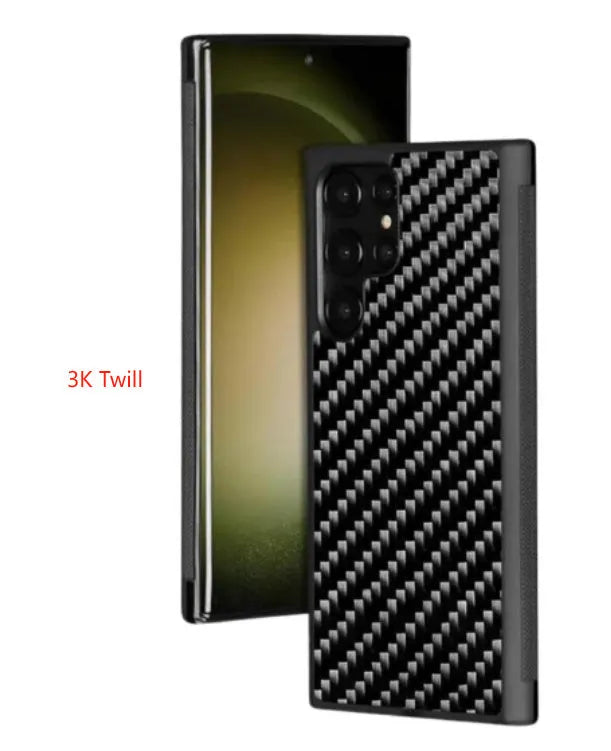 Samsung Galaxy phone case in forged carbon red, shown fitted on a smartphone.