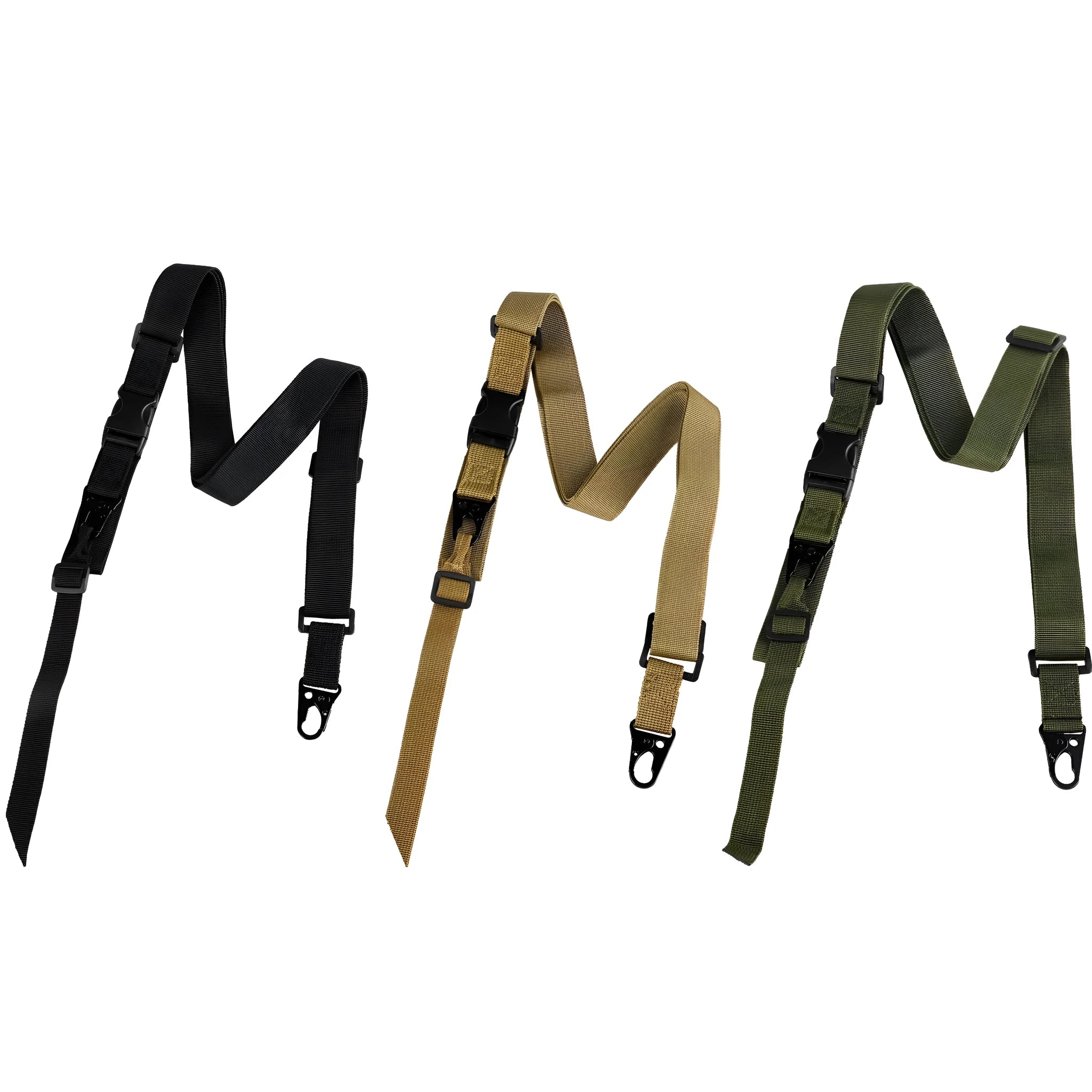 Military green nylon crossbody sling strap with alloy buckle showing adjustable length of 148cm