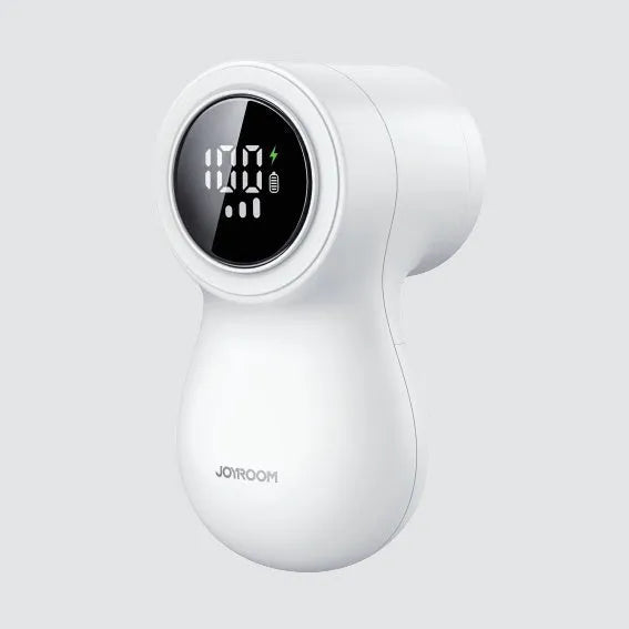 White electric lint remover with LED display showing fabric shaver dimensions