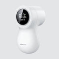 White electric lint remover with LED display showing fabric shaver dimensions