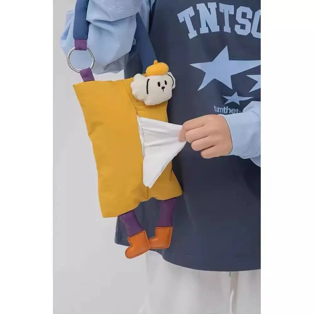 Soft plush hanging car tissue bag in hat dog design, showing hanging loop and pouch.