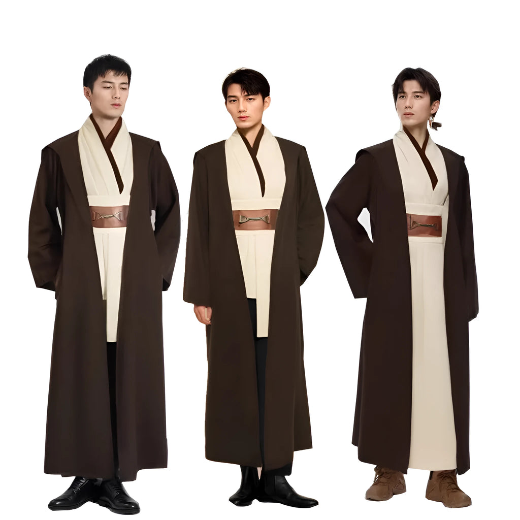 Polyester men's Halloween cosplay cardigan robe in brown with long sleeves and crepe-pressed texture